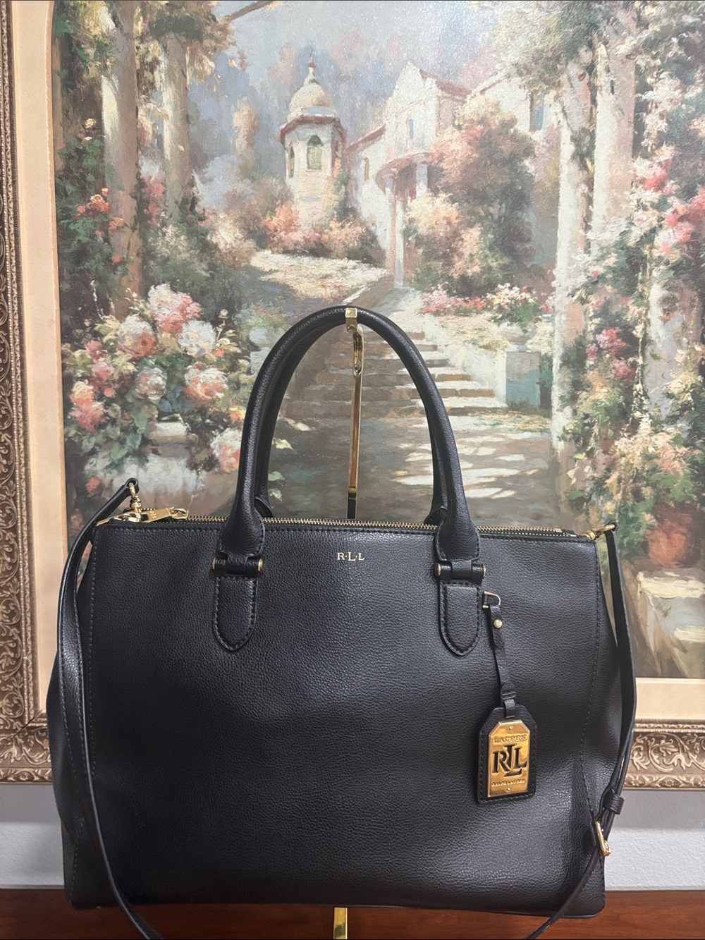Ralph Lauren Black Pebbled Leather Satchel with Gold Tone Hardware
